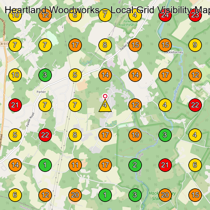 Heartland Woodworks Cabinet Maker GeoGrid ranking map for Long Valley NJ